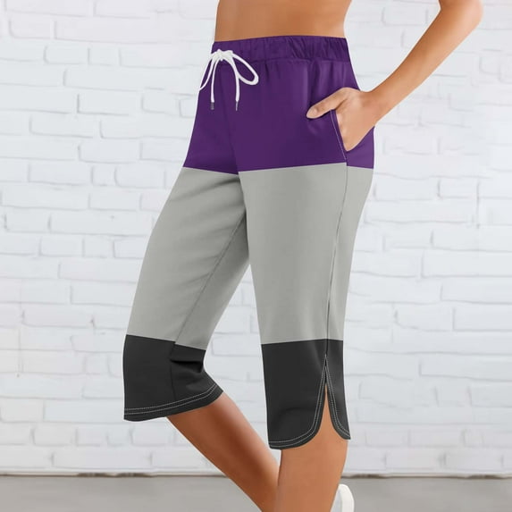 Clearance under 10$ Sevevn Women Solid Printing Elastic Waist Sports Casual Capris Pants With Side Pockets Savings Up to 30% Off Purple L