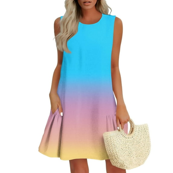 Sevevn Women Summer Casual Non Positioning Printed Side Pleated Round Neck Dress Women Beach Fashion Sky Blue S