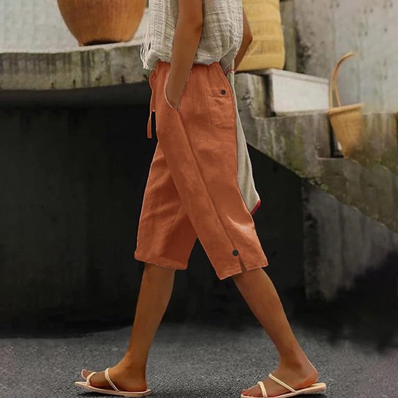 Sevevn Women Summer Pants Casual Solid Color Drawstring Side Button Elastic Waist Linen Pockets Pants New Year Savings Orange S