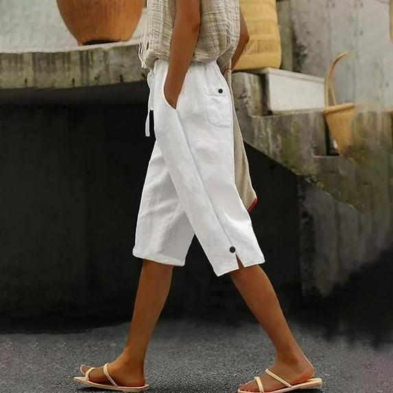 Clearance under 10$ Sevevn Women Summer Pants Casual Solid Color Drawstring Side Button Elastic Waist Linen Pockets Pants Summer Deals White XXXL