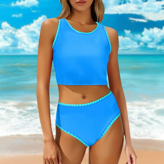 Sevevn Women Swimsuits Sling Tanks Bikinis Solid Bathing Swimsuits Split Suit Swimwear Sales Today Clearance Sky Blue XXL