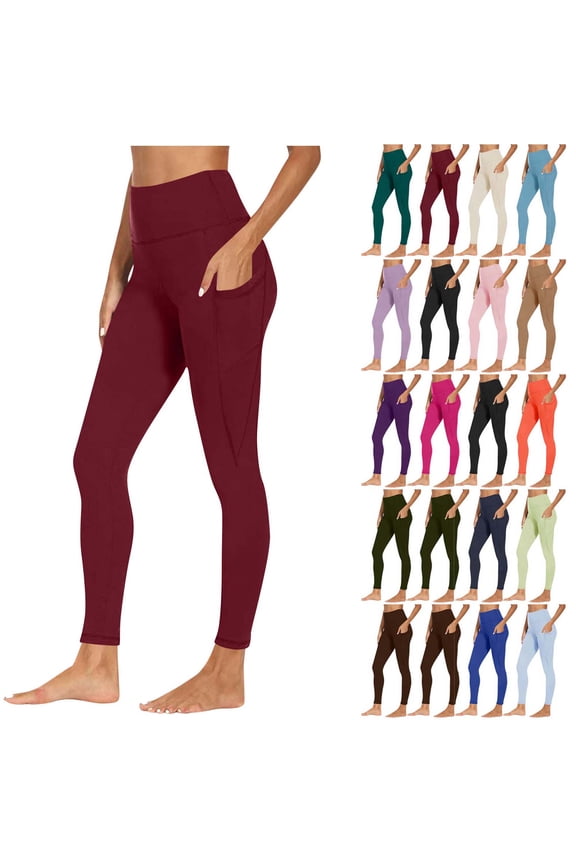 Women Workout Out Pocket Leggings Fitness Sports Running Yoga Athletic Pants Up to 30% Off Wine XL