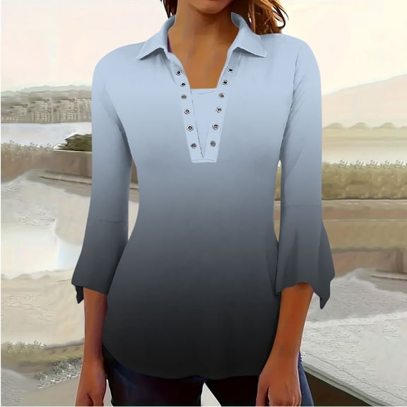 Sevevn Women's Casual Printed 3/4 Sleeve Comfortable Blouse Button Decoration Lapel Fashionable Tops Deal of the Week Gray S