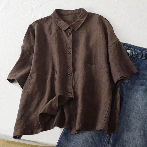 Sevevn Women's Casual Solid Color Medium Short Sleeve-Neck Top Gift for Girls Coffee XXXL