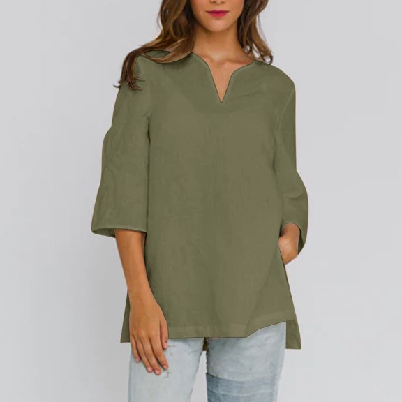 Sevevn Women's Casual Solid Color V-neck Hem With Side Slit Cotton And Linen Short Sleeved Blouse Gift for Adults Army Green L