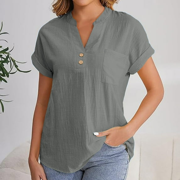 Sevevn Women's Casual V-Neck Short Sleeve Solid Color Shirt Top Blouse With Pockets Beach Vacation Clothes for Women Gray XL