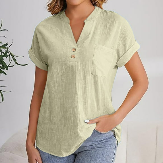 Clearance under 10$ Sevevn Women's Casual V-Neck Short Sleeve Solid Color Shirt Top Blouse With Pockets Gift for Adults Khaki L