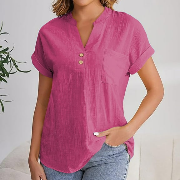 Sevevn Women's Casual V-Neck Short Sleeve Solid Color Shirt Top Blouse With Pockets Gift for Girls Hot Pink M