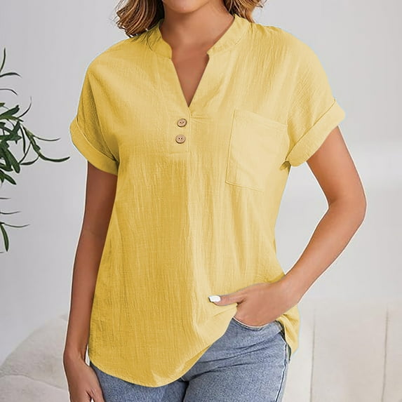 Sevevn Women's Casual V-Neck Short Sleeve Solid Color Shirt Top Blouse With Pockets Up to 30% Off Yellow XXL