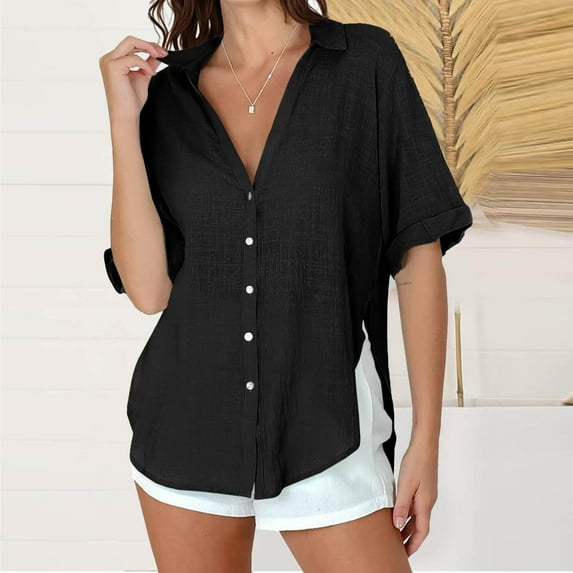 Sevevn Women's Fashion Casual Print Short Sleeve Round-Neck Blouses Shirts Gift for Adults Black L