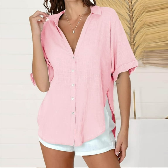 Sevevn Women's Fashion Casual Print Short Sleeve Round-Neck Blouses Shirts Great Gifts for Less Pink M