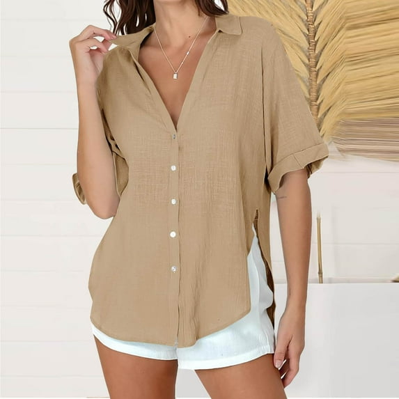 Sevevn Women's Fashion Casual Print Short Sleeve Round-Neck Blouses Shirts Summer Savings Khaki XL