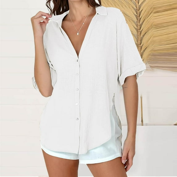 Sevevn Women's Fashion Casual Print Short Sleeve Round-Neck Blouses Shirts Summer Savings White XXL