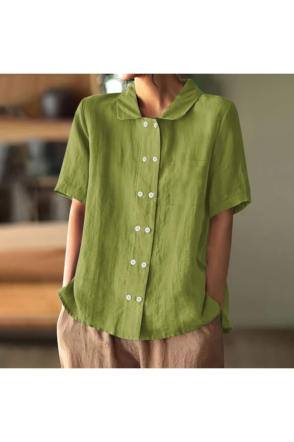 Women's Fashion Cotton And Double Breasted Open Collar Short Sleeved Top Family Gifts Green XXL