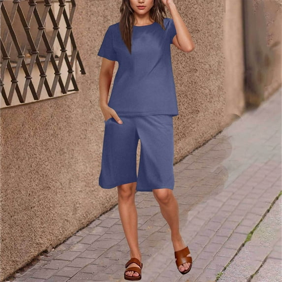 Sevevn Women's Fashion Leisure Solid Color T-shirt Shorts Two-piece Set New Year Savings Blue M