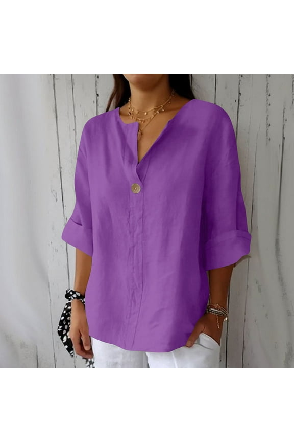 Women's Fashion Summer V Neck Leisure Three-quarter Sleeve Solid Deal of the Week Purple M