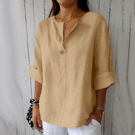 Sevevn Women's Fashion Summer V Neck Leisure Three-quarter Sleeve Solid End of Year Khaki XXL
