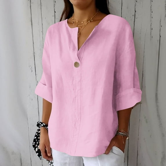 Sevevn Women's Fashion Summer V Neck Leisure Three-quarter Sleeve Solid Gift for Adults Pink L
