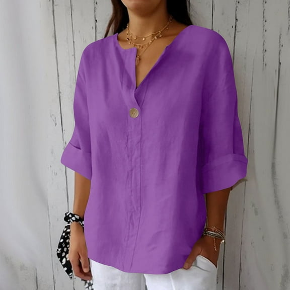 Sevevn Women's Fashion Summer V Neck Leisure Three-quarter Sleeve Solid Holiday Gift Finder Purple XXL