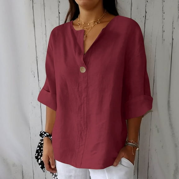 Sevevn Women's Fashion Summer V Neck Leisure Three-quarter Sleeve Solid New Year Wine XXL