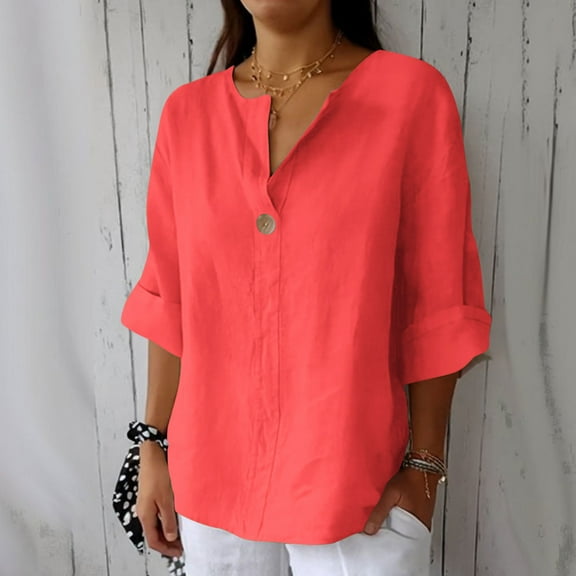 Sevevn Women's Fashion Summer V Neck Leisure Three-quarter Sleeve Solid Rollbacks Watermelon Red L