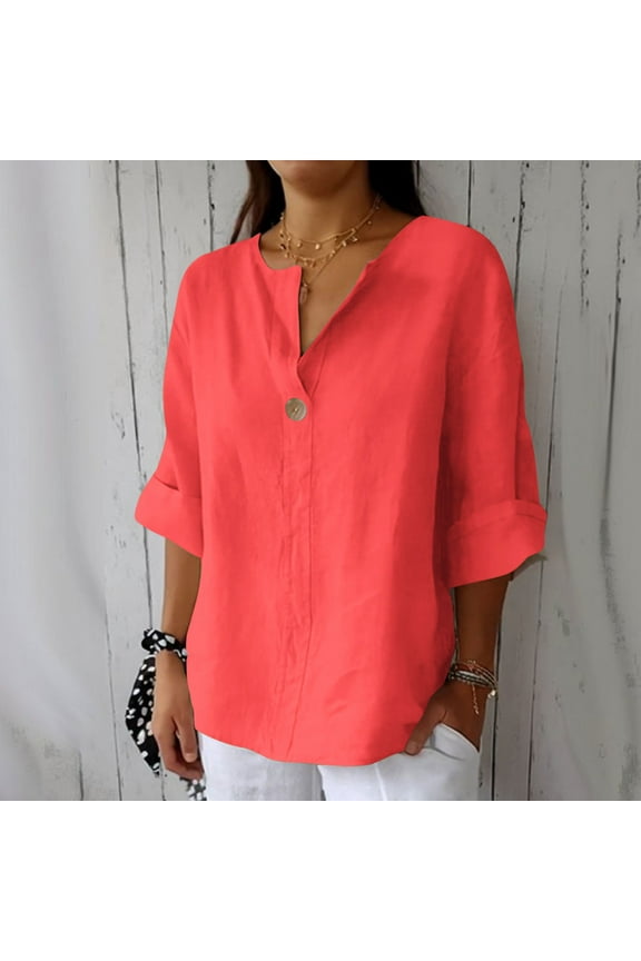 Women's Fashion Summer V Neck Leisure Three-quarter Sleeve Solid Spring Tops for Women Watermelon Red XXL