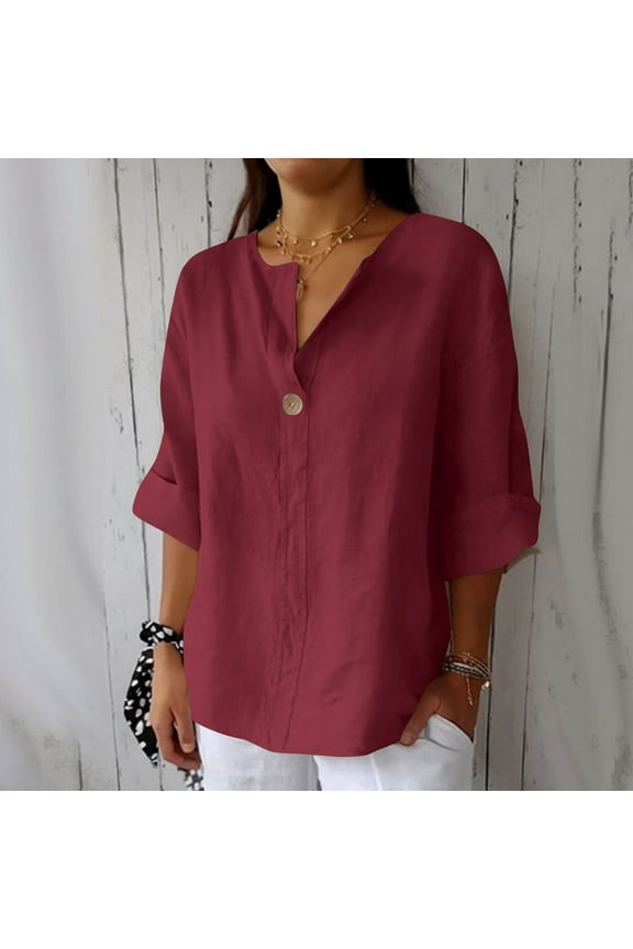 Women's Fashion Summer V Neck Leisure Three-quarter Sleeve Solid Summer Wine XL