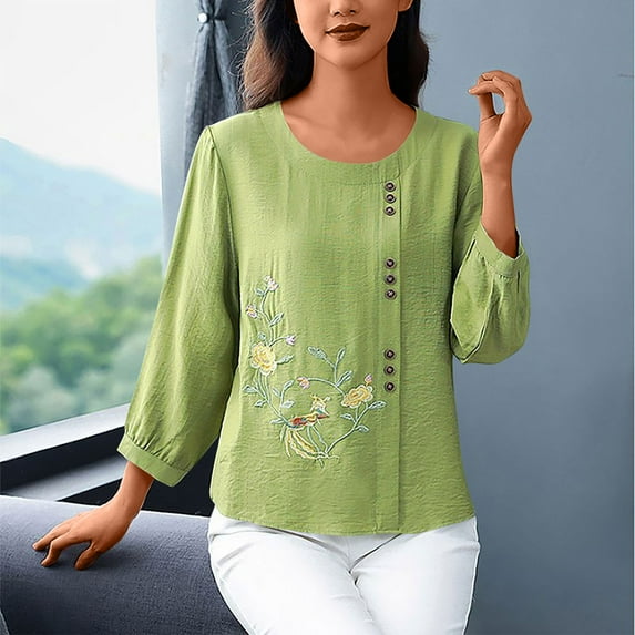 Sevevn Women's Loose And Cotton And Linen Shirt With Three Quarter Sleeves And Round Neck Top/shirt Spring Tops for Women Green L