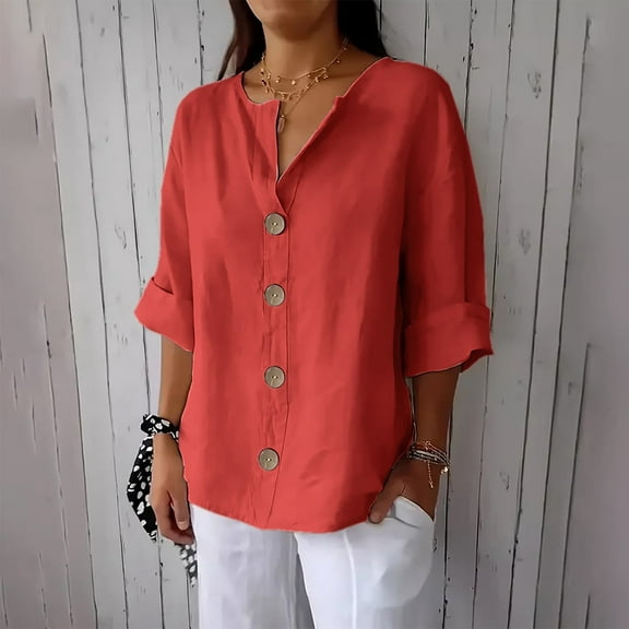 Sevevn Women's New Solid Color V-neck Quarter 3/4 Sleeve Loose Cotton And Linen Button Up Top Summer Gift Red XXL