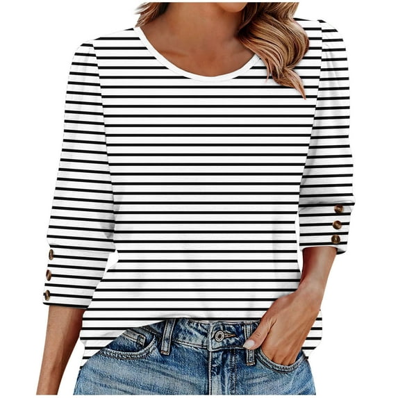 Sevevn Women's Round Neck Button 3/4 Quarter Sleeve Top New Year Savings White Stripes L
