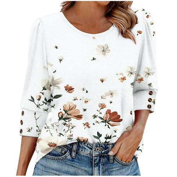 Sevevn Women's Round Neck Button 3/4 Quarter Sleeve Top Summer Gift White Floral M