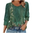 thumbnail image 1 of Clearance under 10!Sevevn Women's Round Neck Button 3/4 Quarter Sleeve Top Summer Savings Green Floral S, 1 of 7