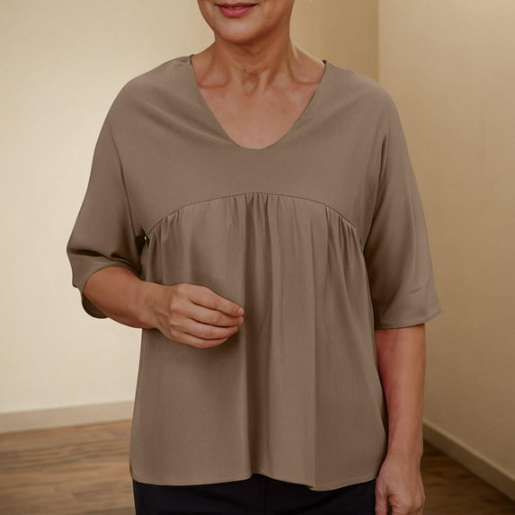 Clearance under 10$ Sevevn Women's Solid Color Blouses Raglan Mid Sleeve V-Neck Patchwork Pleated Top Gift for Adults Coffee XL