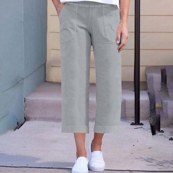 Sevevn Women's Solid Color Loose Casual Wide-leg Cropped Trousers Holiday Gift Finder Gray XXL