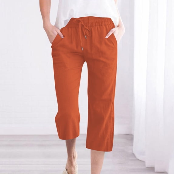 Sevevn Womens Casual Solid Color Elastic Loose Pants Capris With Pocket Beach Vacation Clothes for Women Orange M