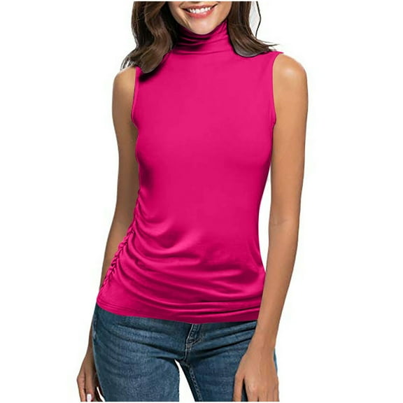 Sevevn Womens Fashion Casual Solid Color Sleeveless Turtleneck Tee Shirt Blouse T-Shirt Top Family Gifts Hot Pink XXL