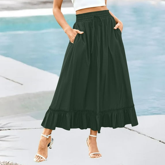 Clearance under 10$ Sevevn Womens Solid Color Elastic Waist Drawstring Pleated Mid Length Ruffle Skirt Beach Vacation Clothes for Women Army Green XL