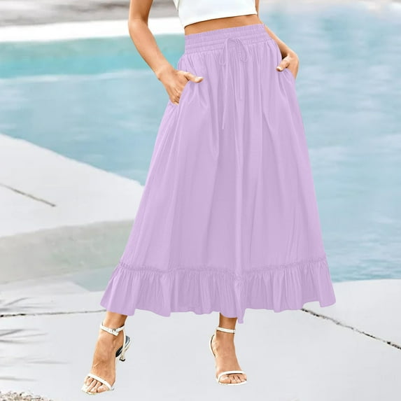 Clearance under 10$ Sevevn Womens Solid Color Elastic Waist Drawstring Pleated Mid Length Ruffle Skirt Summer Gift Purple M
