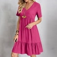 thumbnail image 1 of Sevevn Womens Spring And Summer V-Neck Loose Solid Pleated Casual High Waist Lace Dress Women Beach Fashion Hot Pink M, 1 of 9