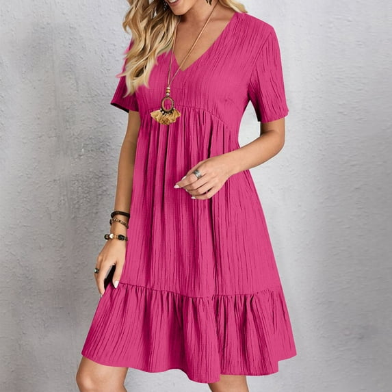 Sevevn Womens Spring And Summer V-Neck Loose Solid Pleated Casual High Waist Lace Dress Women Beach Fashion Hot Pink M