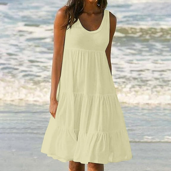 Sevevn Womens Summer Round Neck Print Sleeveless Beach Dress Beach Vacation Clothes for Women Beige S