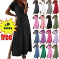 thumbnail image 1 of Summer Dresses Women's Summer Wrap Maxi Dress Casual Boho Floral V Neck Short Sleeve Ruffle Hem Split Beach Long Dresses Black, 1 of 6
