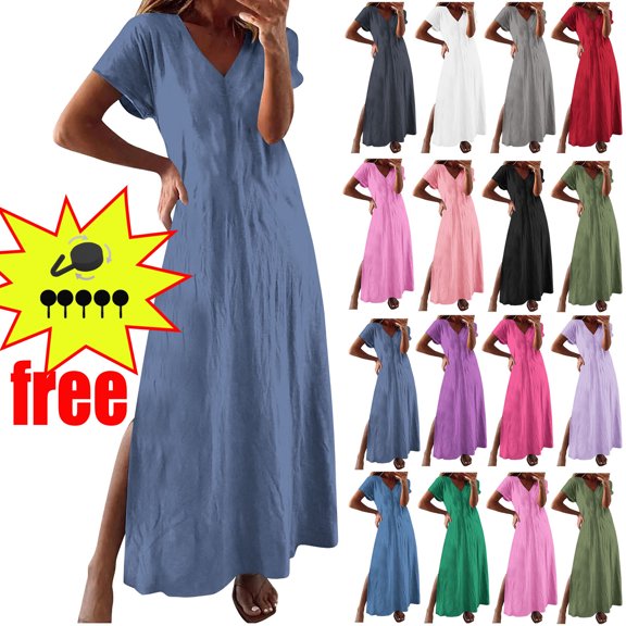 Summer Dresses Women's Summer Wrap Maxi Dress Casual Boho Floral V Neck Short Sleeve Ruffle Hem Split Beach Long Dresses Navy