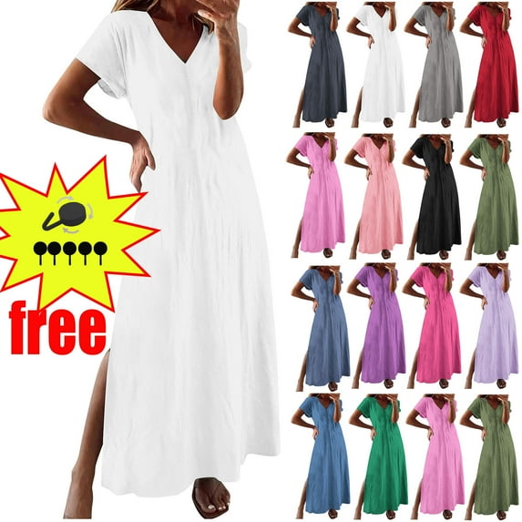 Summer Dresses Women's Summer Wrap Maxi Dress Casual Boho Floral V Neck Short Sleeve Ruffle Hem Split Beach Long Dresses White