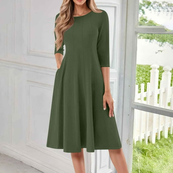 Summer Casual Dresses for Women, Women Fashion Casual Pleated-cent Sleeve Round-Neck Solid Dress