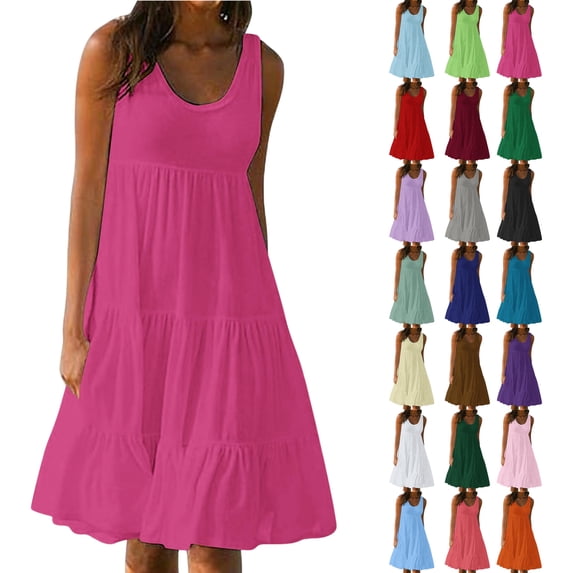 Summer Dresses for Women 2025 Womens Fashion Holiday Summer Solid Color Sleeveless Party Beach Dress Hot Pink L