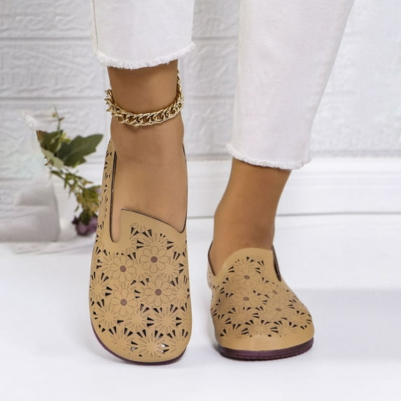 Sandals for Women Casual Summer Leather Hollow Flat Shoes Carved Breathable Wide Head Work Shoes