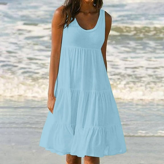 Summer Sleeveless Dresses Womens Summer Round Neck Print Sleeveless Beach Dress Sky Blue L