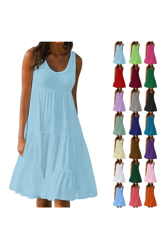 Summer Sleeveless Dresses Womens Summer Round Neck Print Sleeveless Beach Dress Sky Blue L