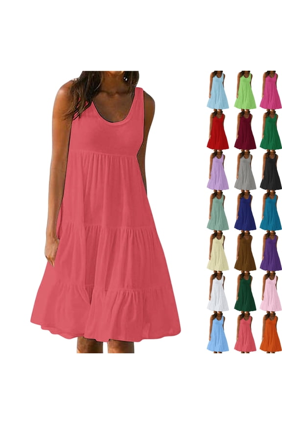 Sundresses for Women, Womens Summer Round Neck Print Sleeveless Beach Dress Watermelon Red L